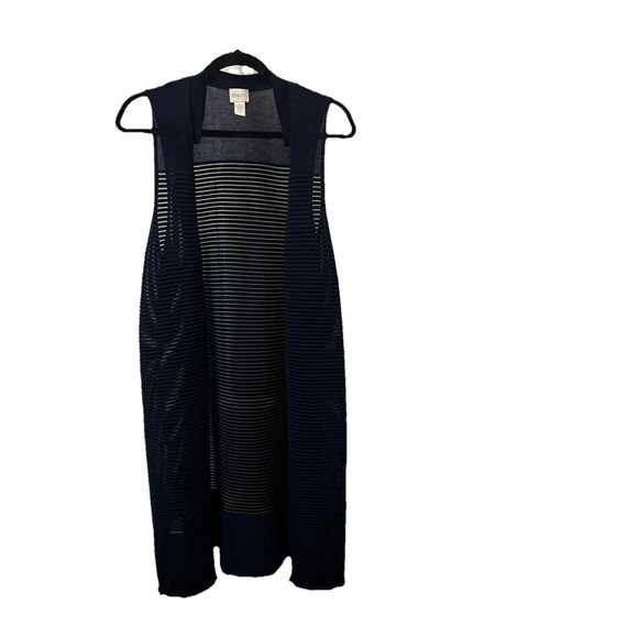 Chicos Size 2 Navy Blue Knit Ribbed Sleeveless Duster Open Front Kimono Top L - Picture 1 of 10